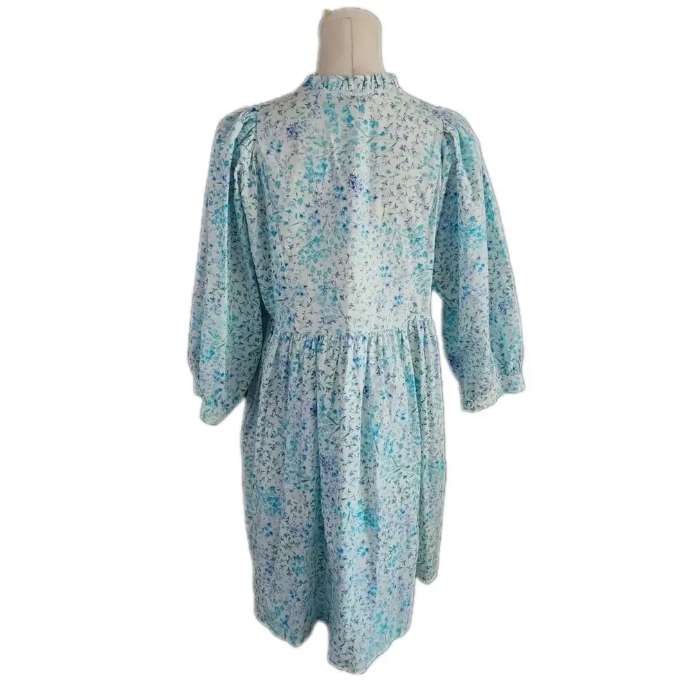 Zara Fancy Blue Poplin Cotton 3/4 Sleeve Dress Mini XS Loveshack Floral Print
